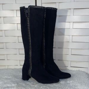 Adrienne Vittadini Elegant Black Knee-High Women's Boots Gold Studs Size 8.5